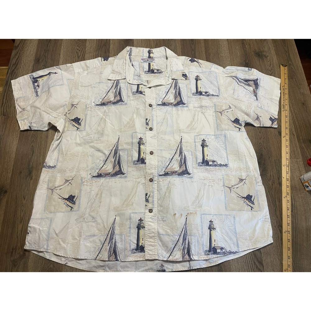 Boca Classics Shirt, Mens XXL? Button Up White Blue Yellow Sail Boat Light House
